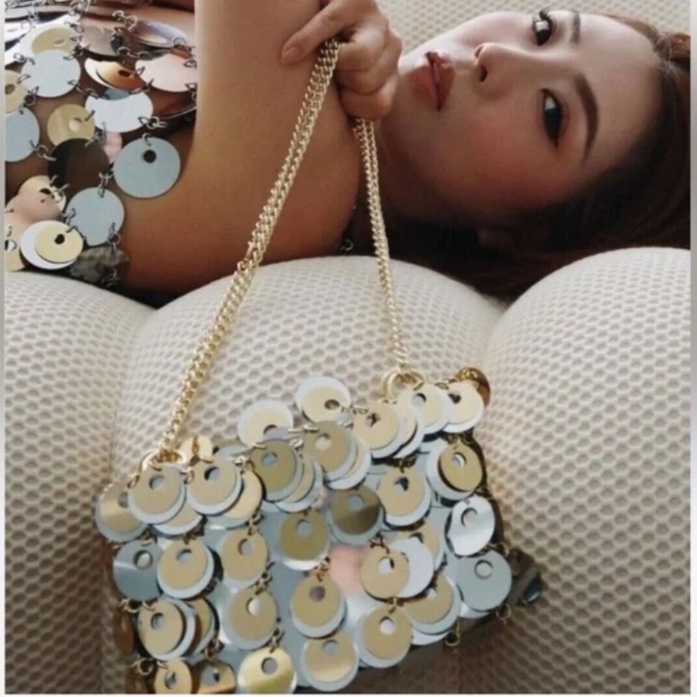 PACO RABANNE X H&M SILVER GOLD SEQUIN DISC EMBELLISHED CHAIN SHOULDER BAG